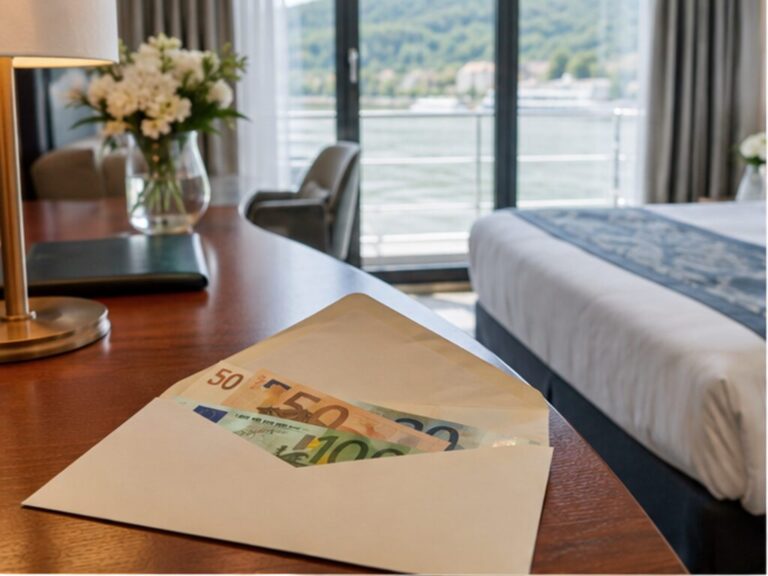 Gratuity envelope with euro banknotes on a river cruise cabin desk