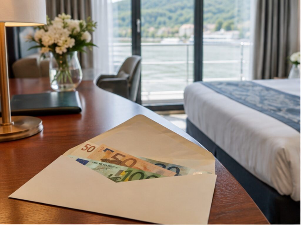 Gratuity envelope with euro banknotes on a river cruise cabin desk