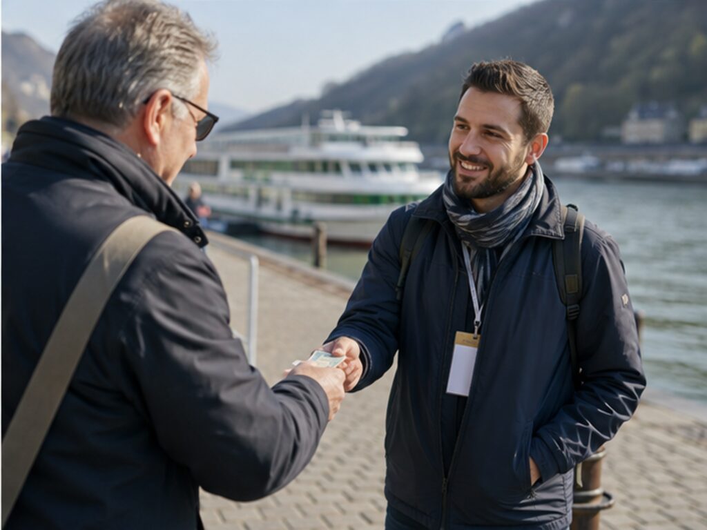 River cruise guest thanking a local guide after a shore excursion