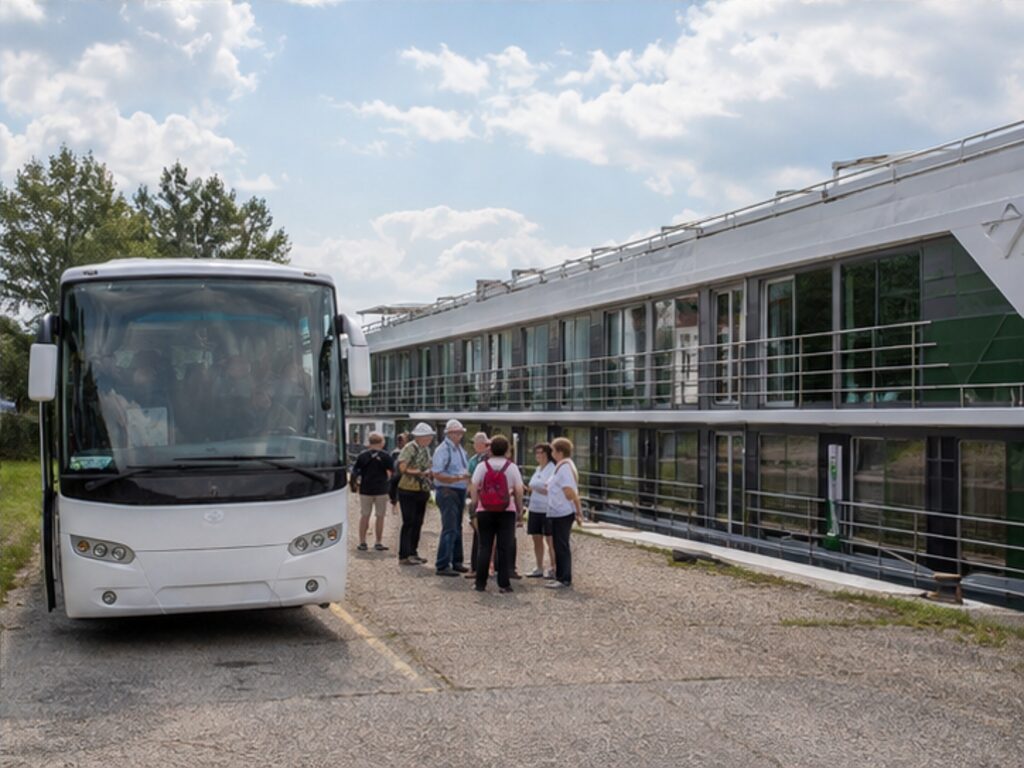 Shuttle bus waiting beside a river cruise ship at an outlying berth