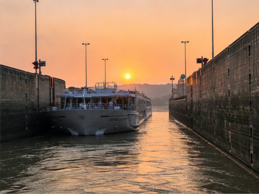 River cruise ship passing through a large lock at dawn with walls close on both sides