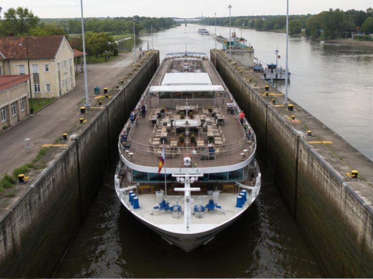 Long low European river cruise ship fitting tightly inside a lock chamber