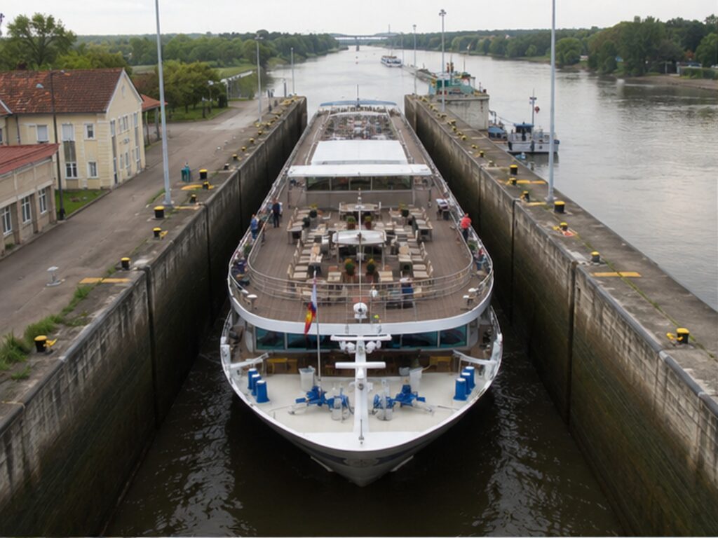 Long low European river cruise ship fitting tightly inside a lock chamber