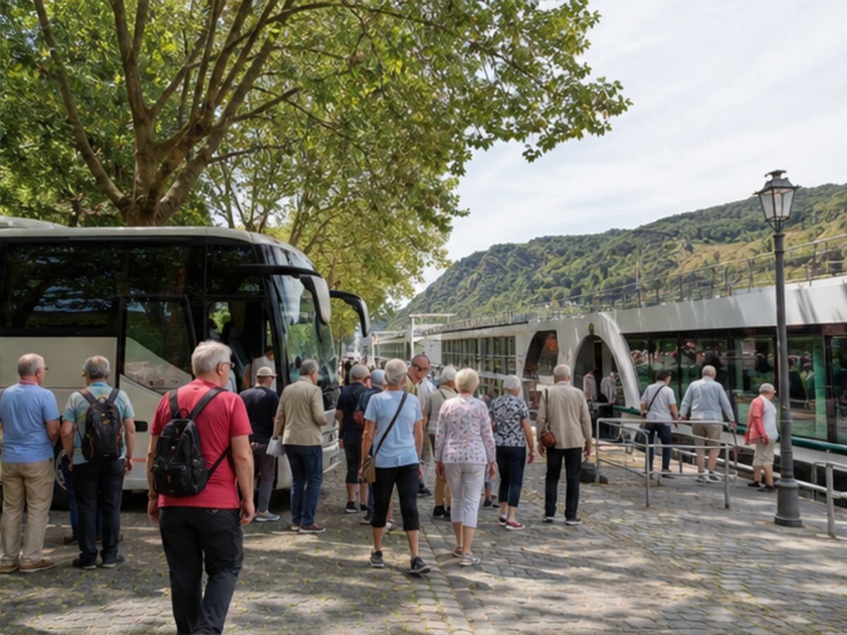 River cruise passengers boarding a coach beside their ship