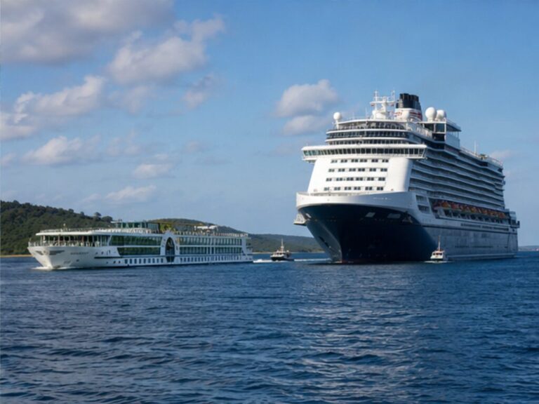 Low river cruise ship and large ocean cruise ship illustrating the difference in scale