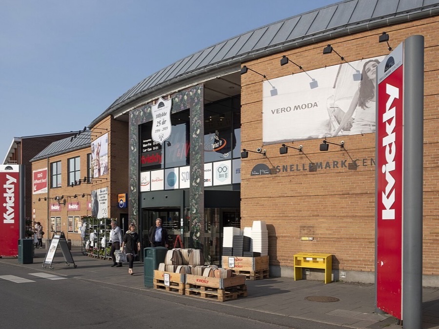 Shops and pedestrians at Snellemark Center in Rønne on Bornholm