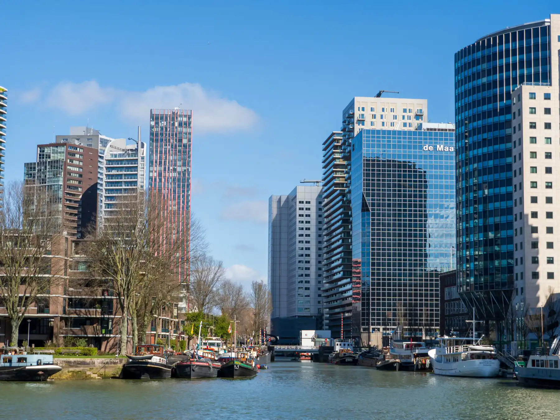 High-rise buildings and boats along a Rotterdam city waterway on a clear day.