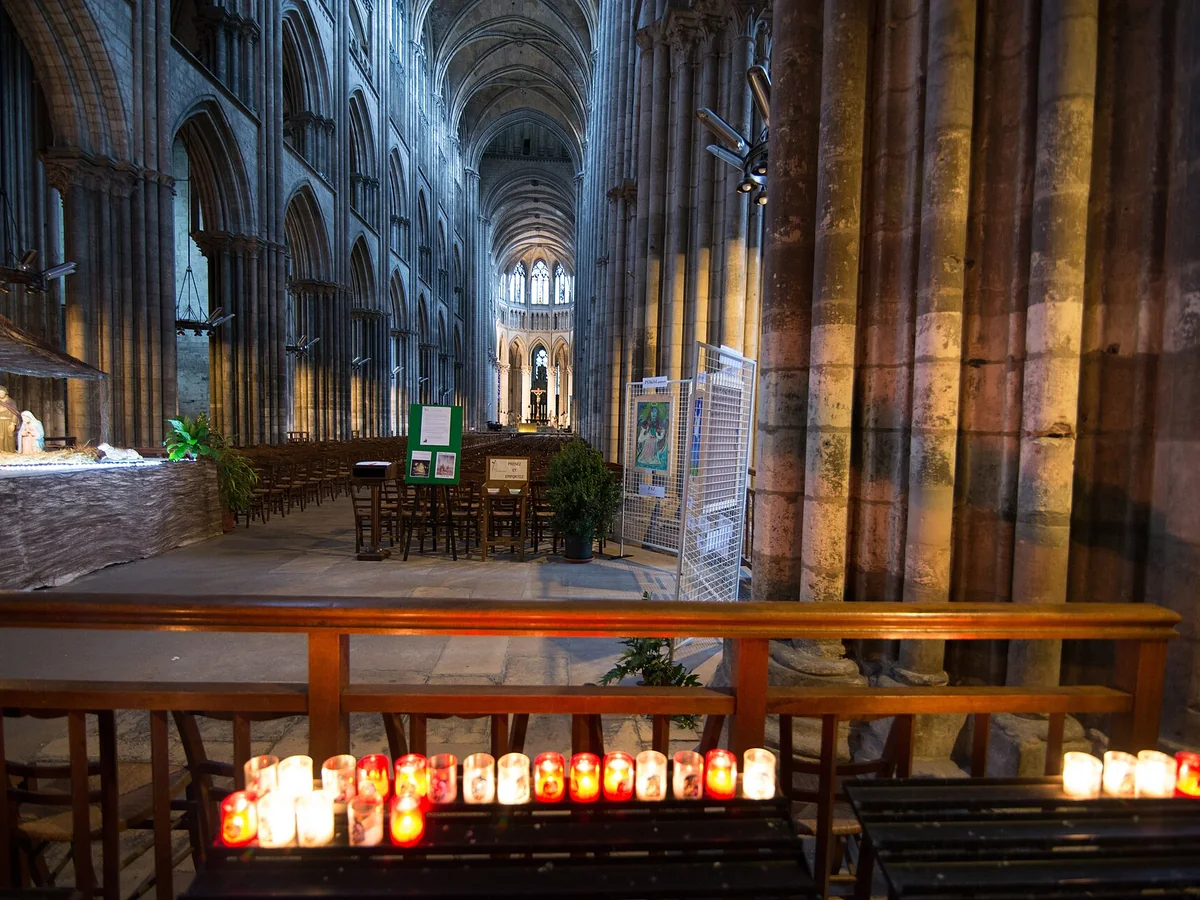Gothic nave inside Rouen Cathedral in Normandy, France