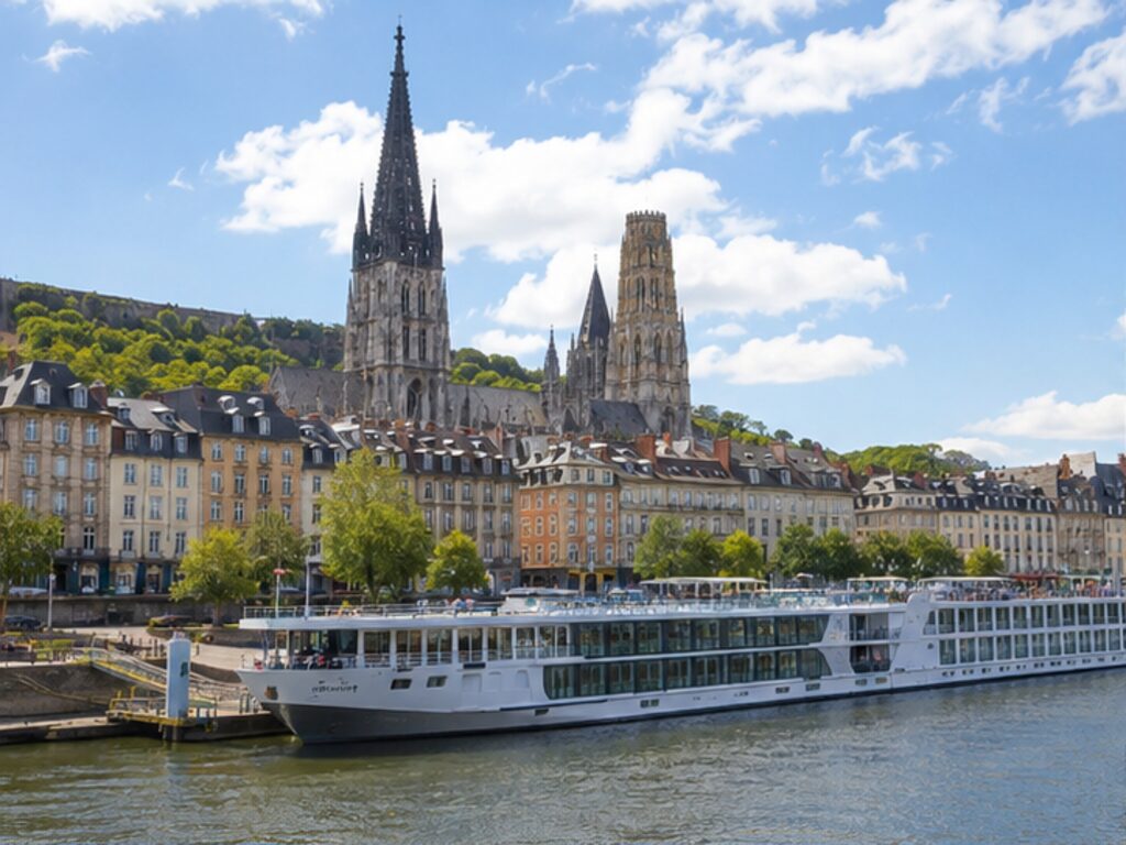 River cruise ship moored on the Seine at Rouen below the cathedral skyline