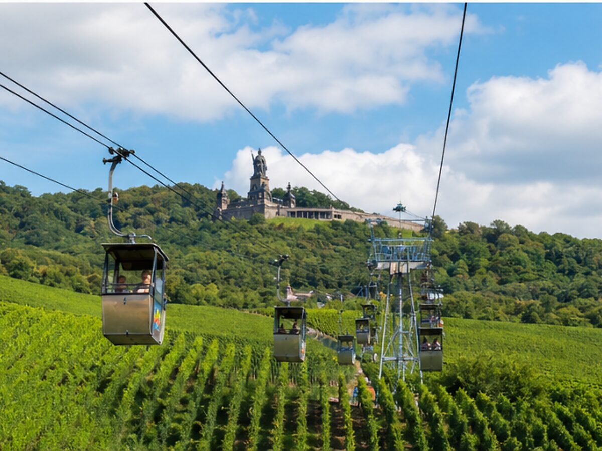 Cable cars climbing above Rüdesheim vineyards toward the Niederwald Monument