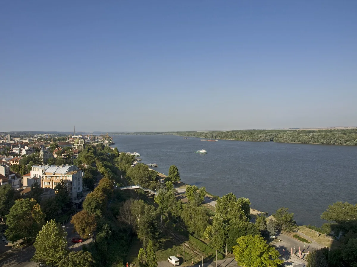 Wide view of the Danube River and waterfront at Ruse, Bulgaria