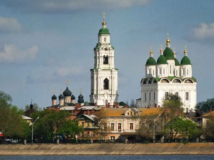 Cathedral towers and historic buildings inside the Astrakhan Kremlin