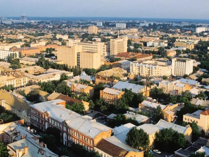 Aerial view across central Astrakhan, Russia