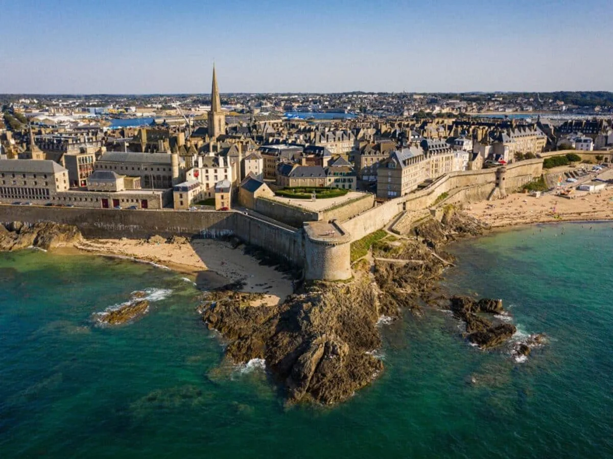 Aerial view of Saint-Malo’s walled old town, beaches and rocky coast