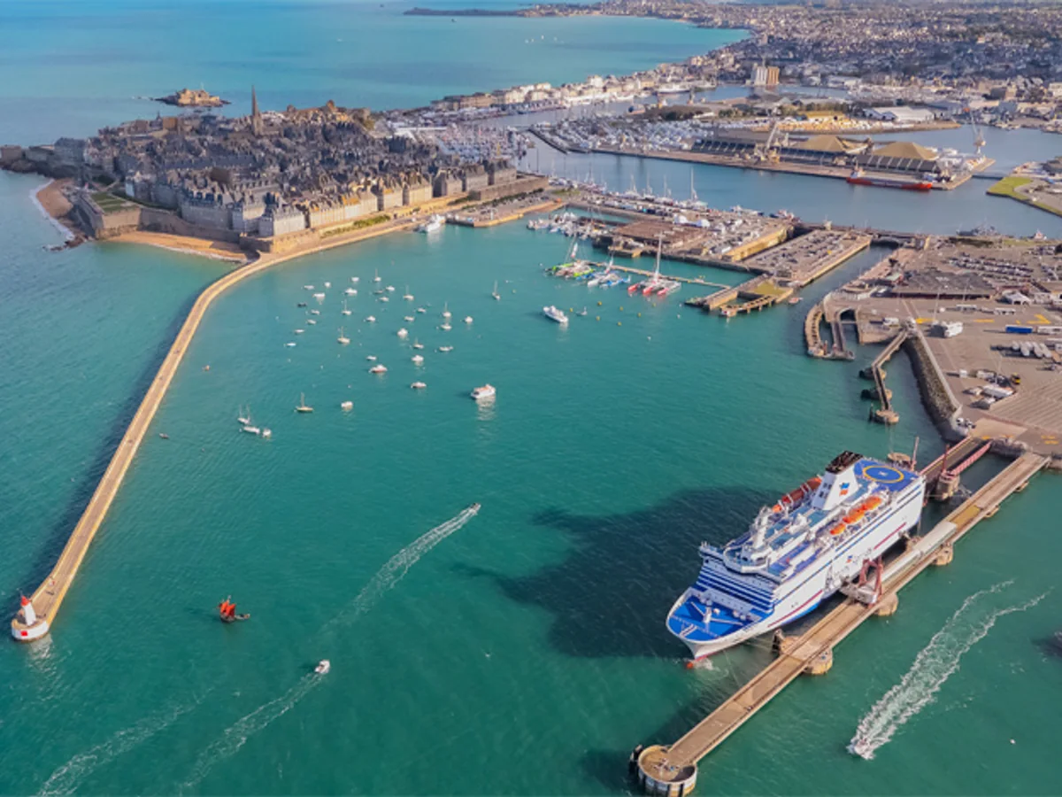 Ferry and harbour beside the walled city of Saint-Malo, France