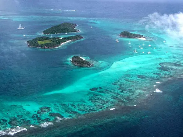 Aerial view of the Tobago Cays near Union Island