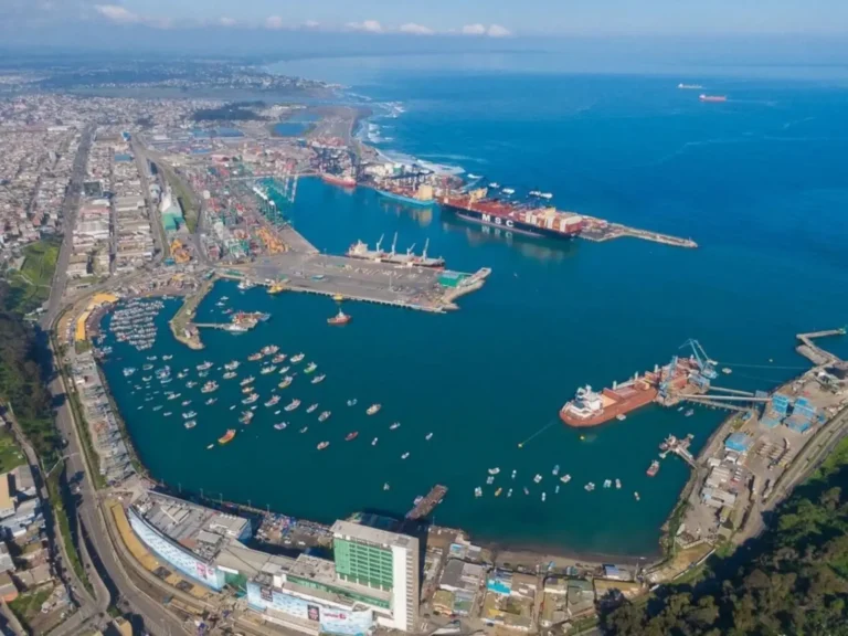 Aerial view of San Antonio's working harbor on Chile's Pacific coast.