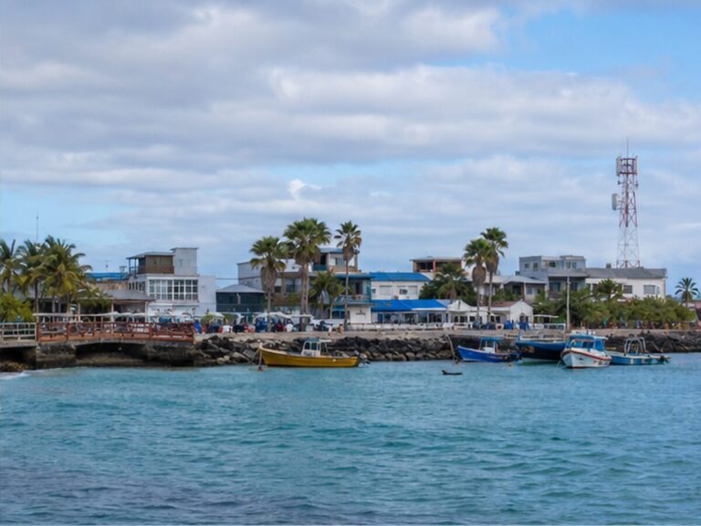 Waterfront and small boats in San Cristobal harbor, Galapagos