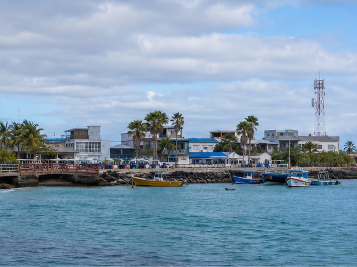 Waterfront and small boats in San Cristobal harbor, Galapagos