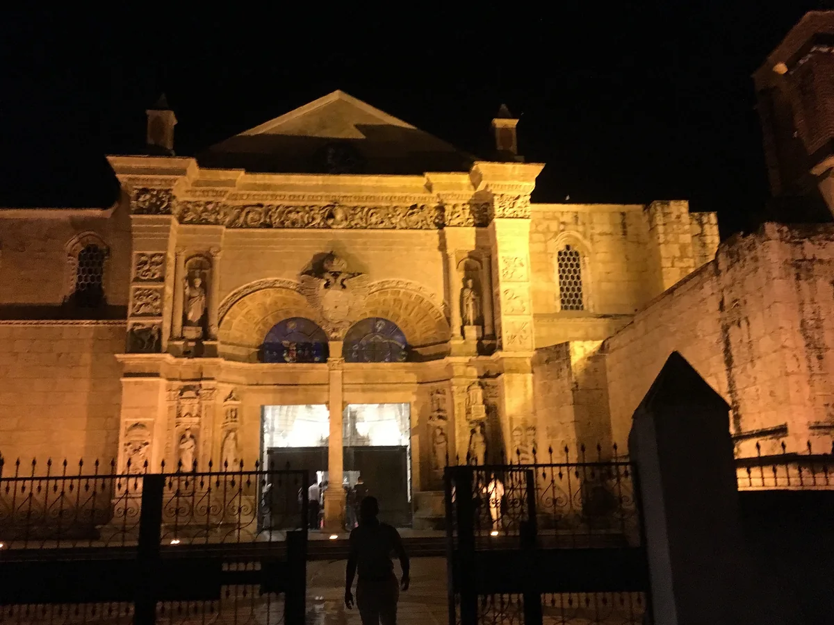 Illuminated entrance of the Cathedral of Santo Domingo at night
