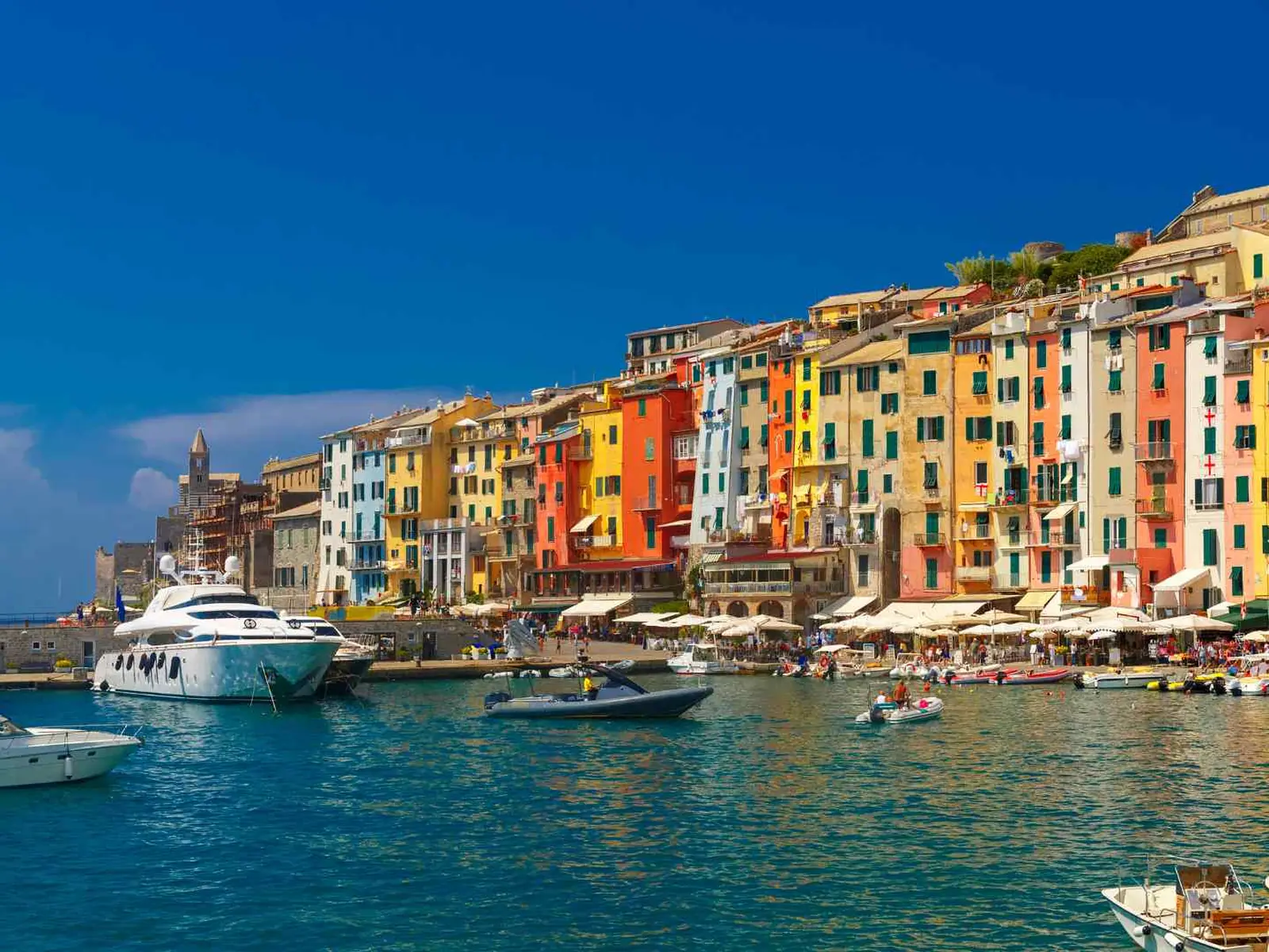Colorful Portovenere waterfront and boats near La Spezia, Italy