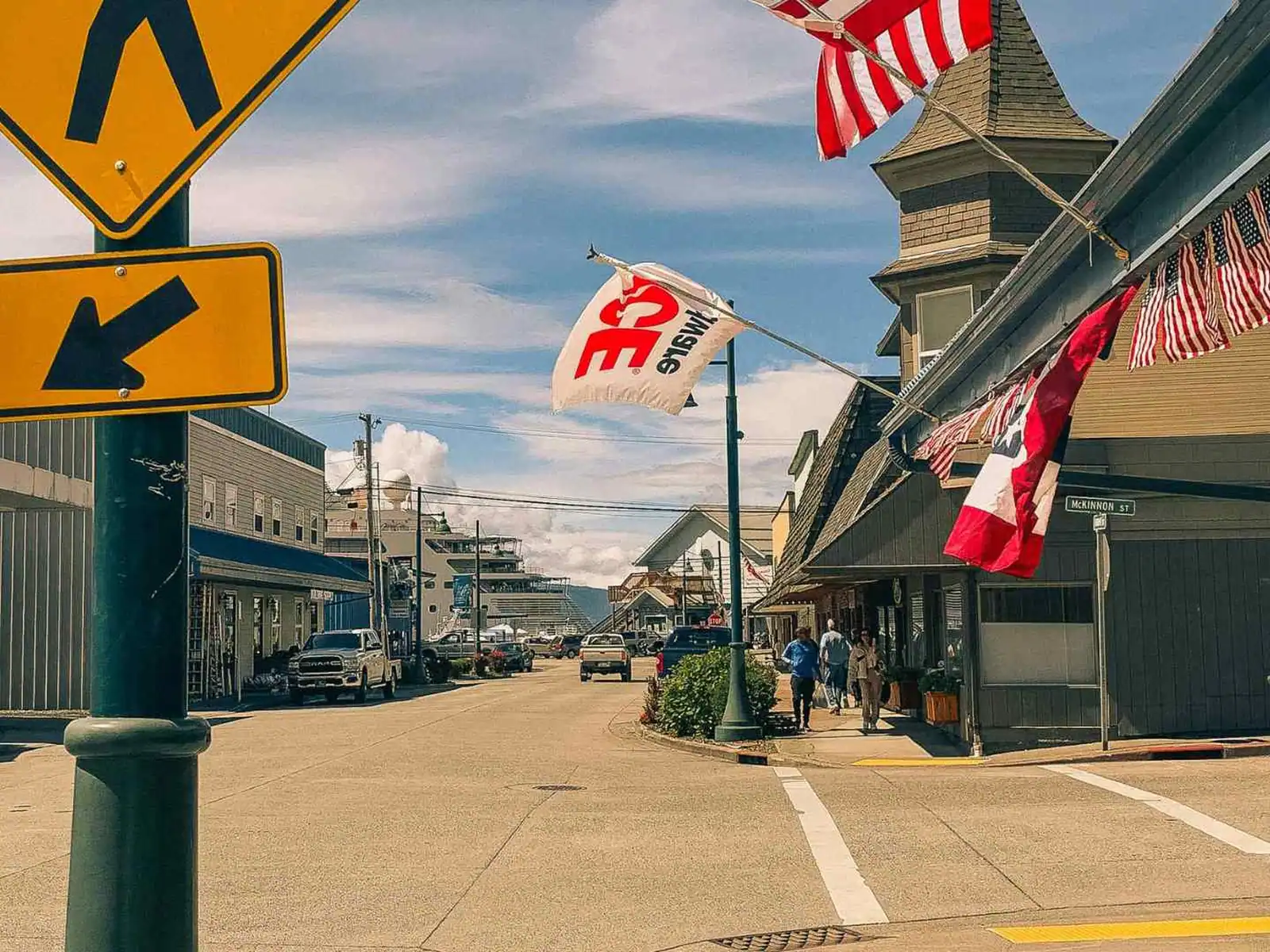 Main Street shops and flags in Haines, Alaska