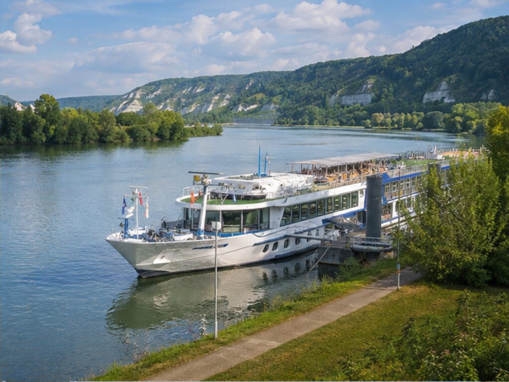 Seine river cruise ship moored at Vernon amid Normandy's green riverbanks