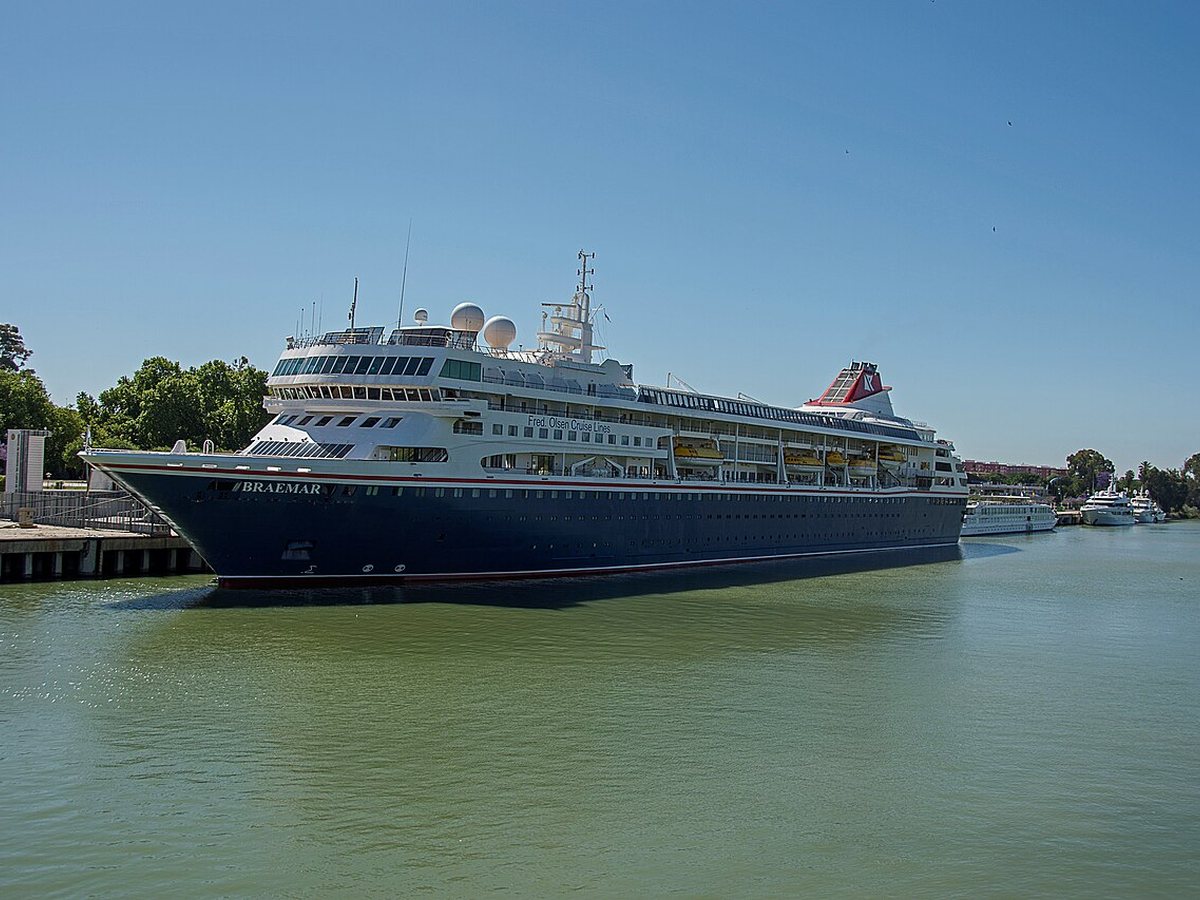 Braemar cruise ship docked at Muelle de las Delicias on the Guadalquivir in Seville, Spain