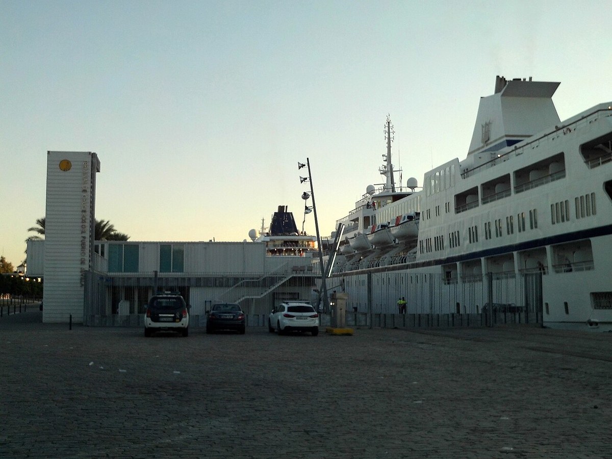 Cruise terminal and ship at Muelle de las Delicias in the Port of Seville, Spain