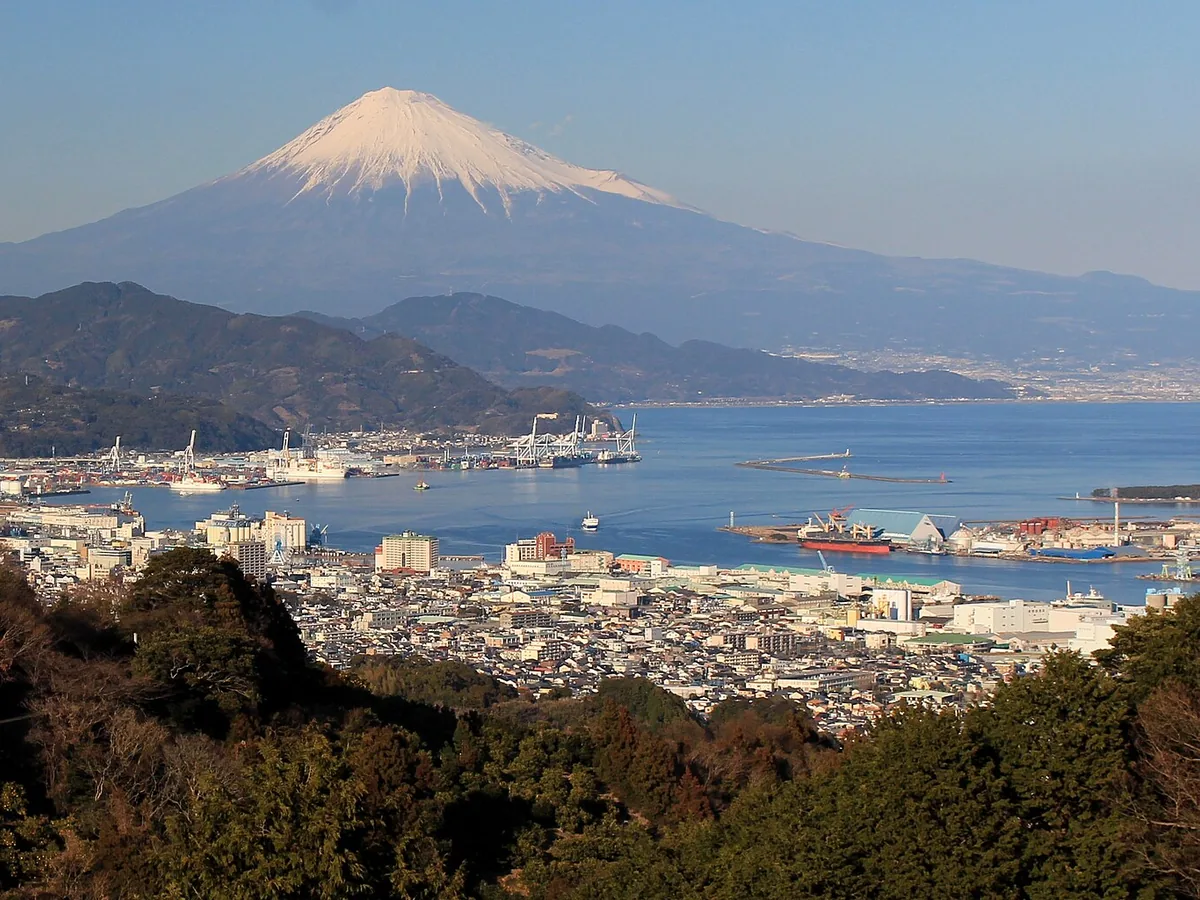 Port of Shimizu and Mount Fuji viewed from Nihondaira