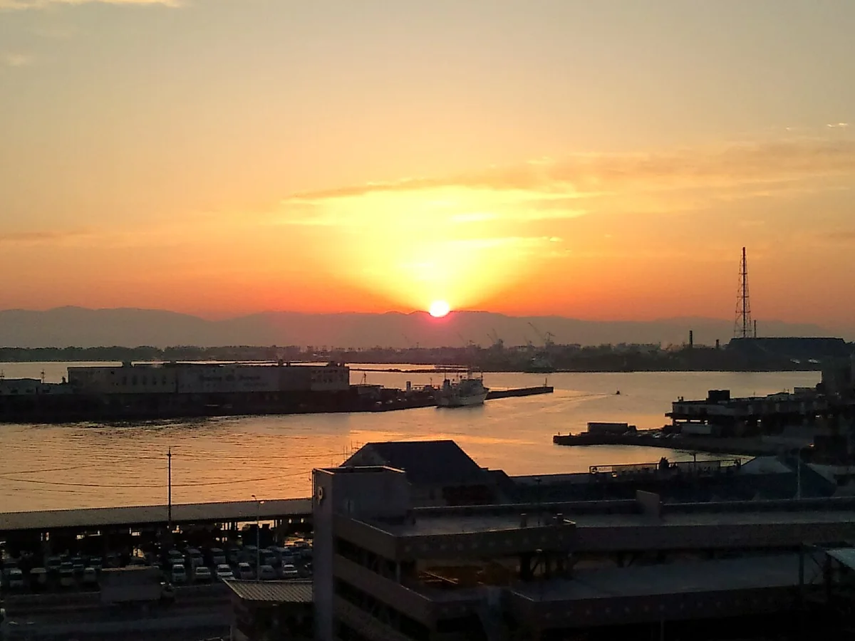 Sunset over the waterways and terminals of Shimizu Port