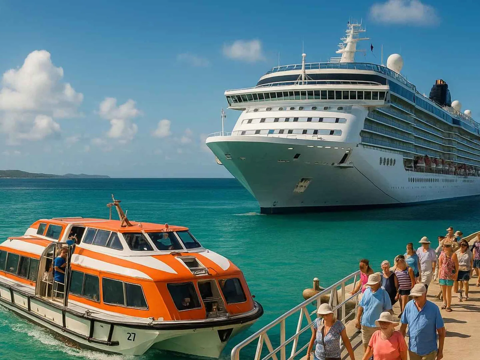 Cruise tender alongside a ship in a tropical harbor
