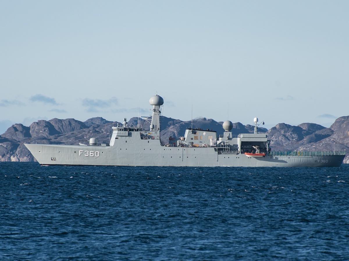 Danish patrol ship on the water with mountains outside Nuuk