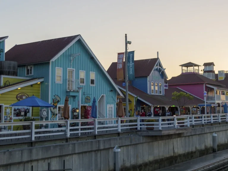 Colorful Shoreline Village waterfront in Long Beach near downtown cruise hotels