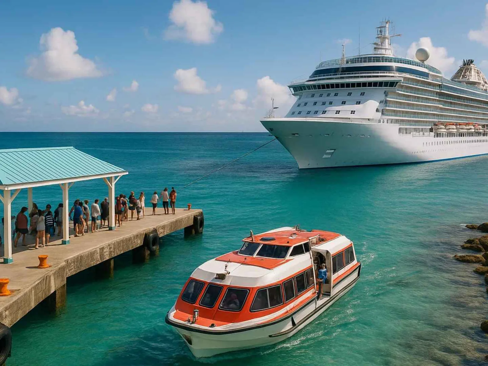 Cruise tender beside a cruise ship at an island pier
