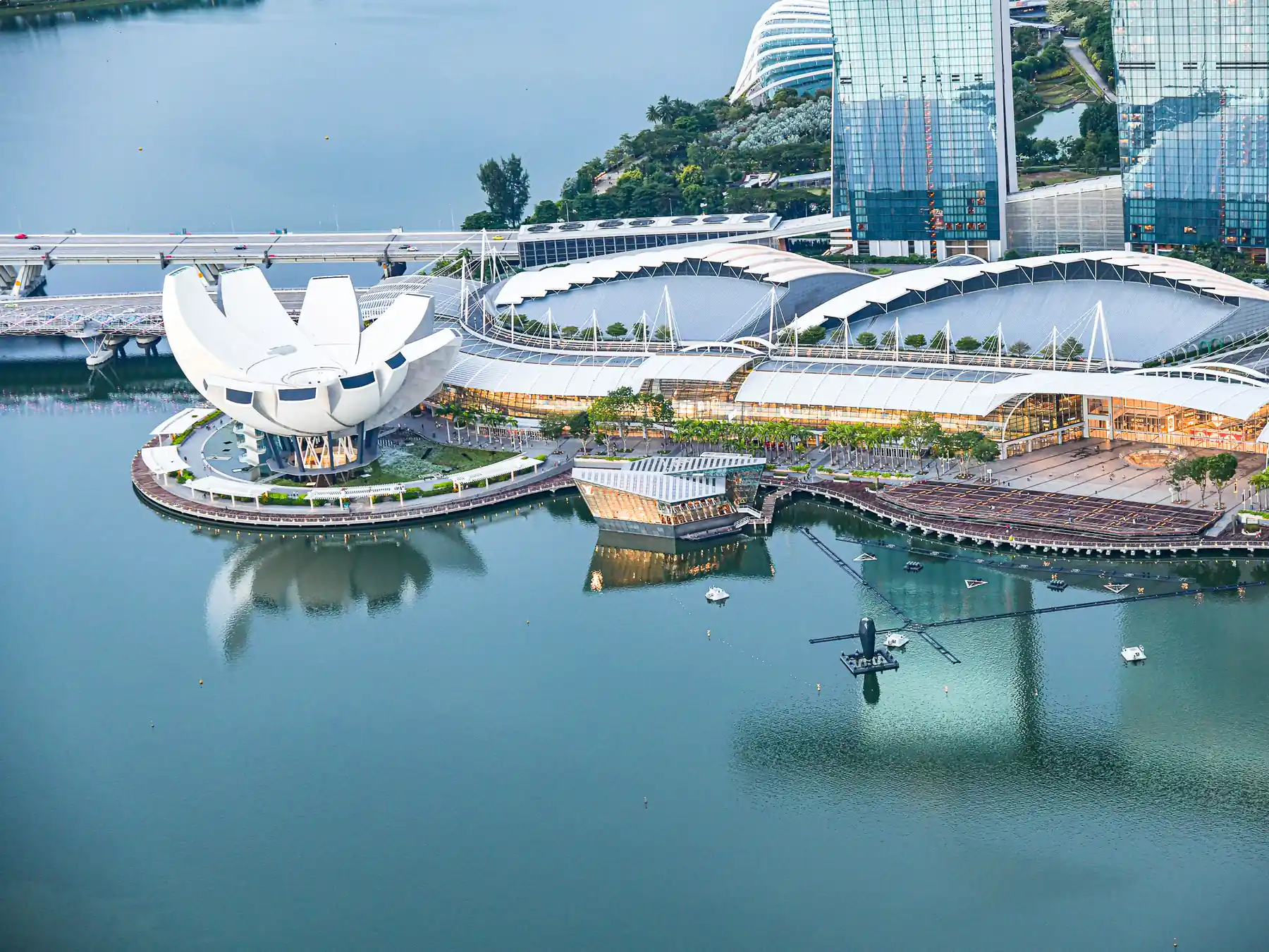 Aerial view of Marina Bay waterfront and the ArtScience Museum in Singapore.