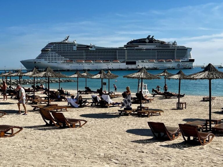 Cruise ship docked beside Sir Bani Yas Cruise Beach in Abu Dhabi