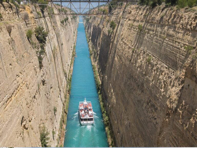 Small passenger vessel passing between the narrow rock walls of the Corinth Canal