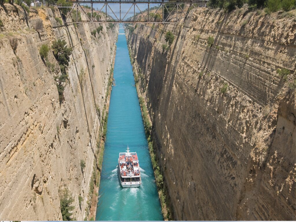 Small passenger vessel passing between the narrow rock walls of the Corinth Canal