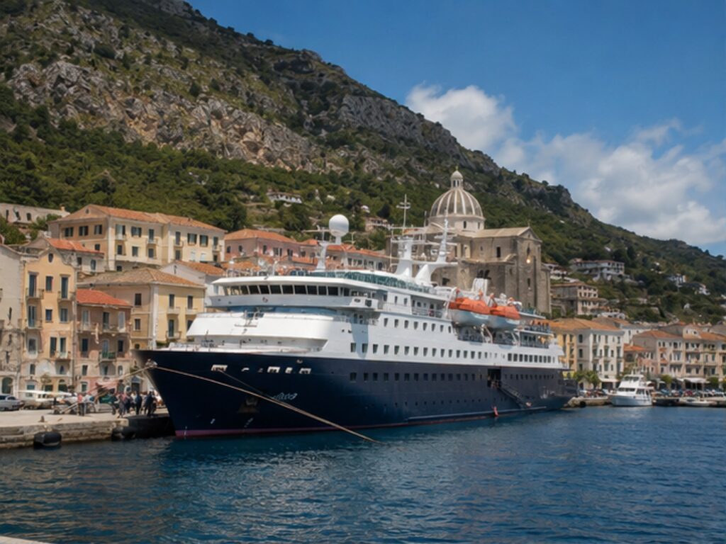 Small expedition cruise ship tied directly to a Mediterranean town quay