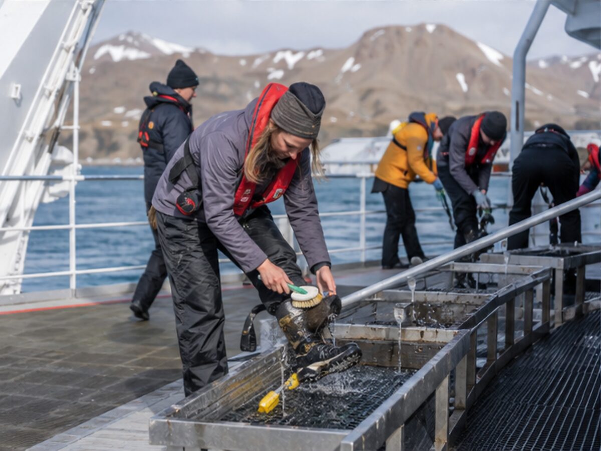 Expedition passengers scrubbing boots at a biosecurity station before a South Georgia landing