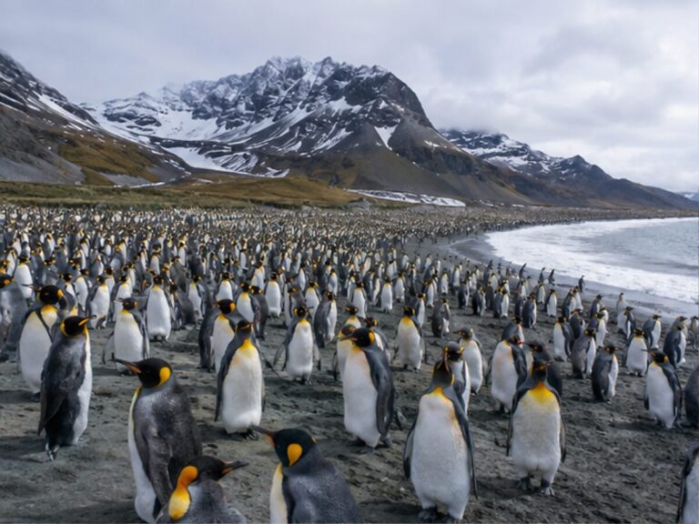 Immense king penguin colony on a mountainous South Georgia beach