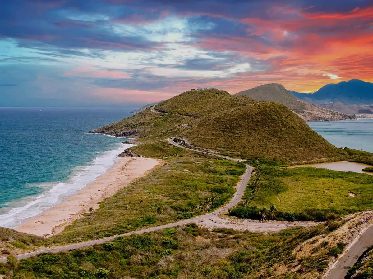 Coastal road and beaches on the Southeast Peninsula of Saint Kitts