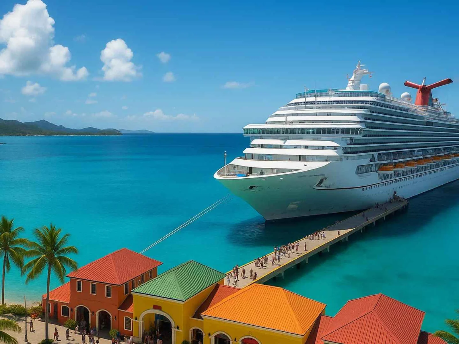 Cruise ship docked at a colorful Caribbean island pier
