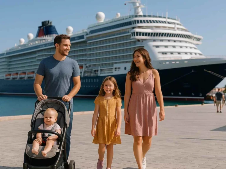 Family pushing a stroller through a cruise terminal