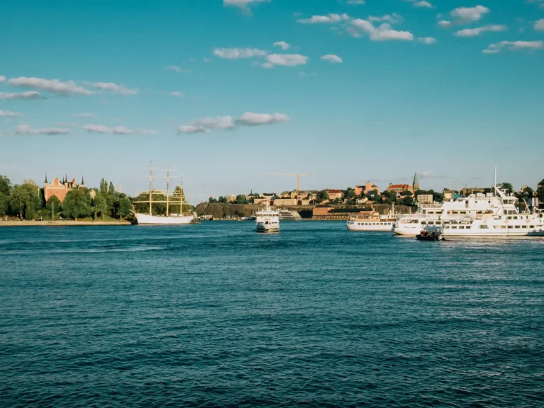 Cruise ships docked along Stockholm's waterfront.