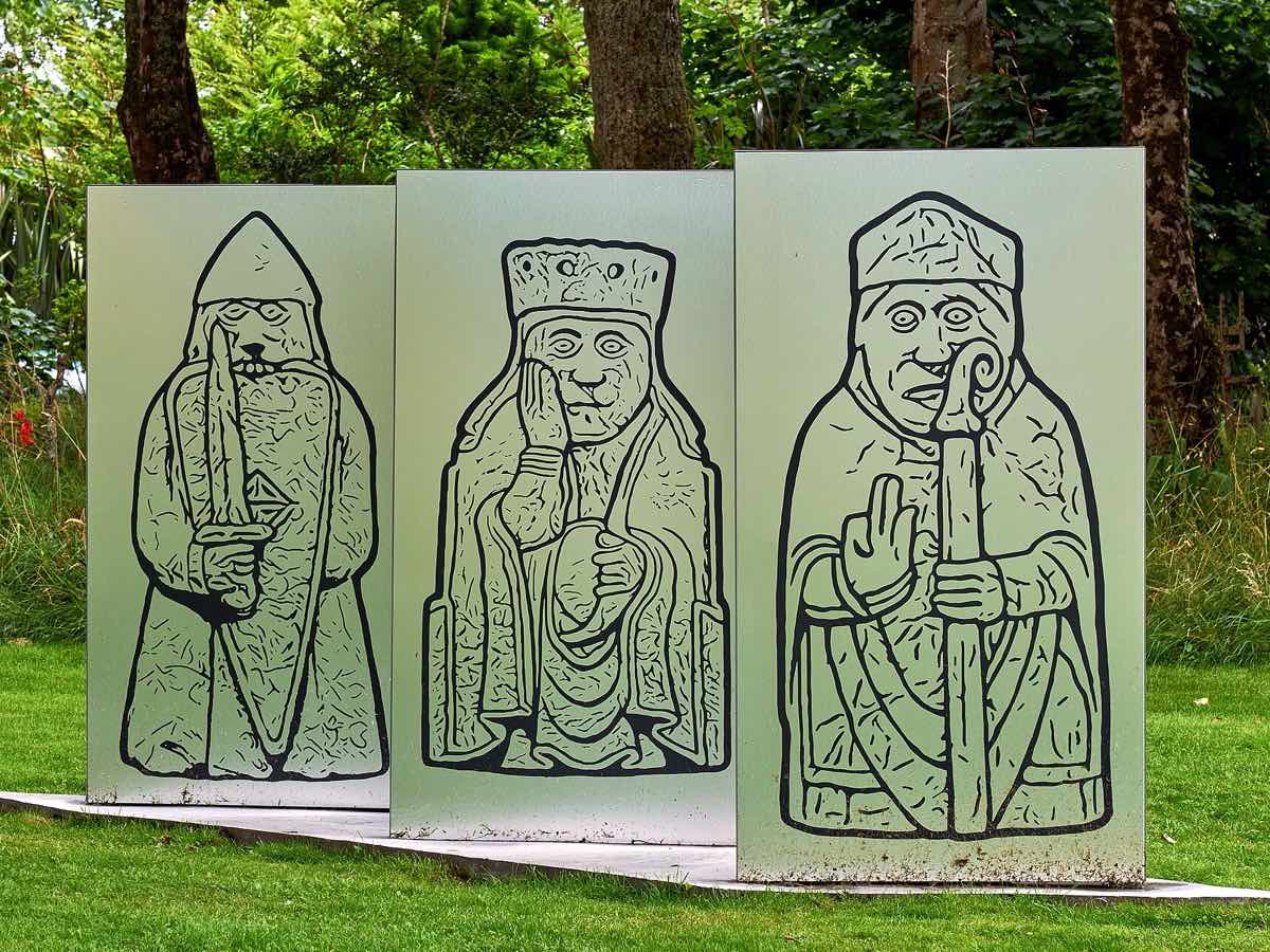 Large Lewis chessmen artworks displayed in the grounds of Lews Castle in Stornoway