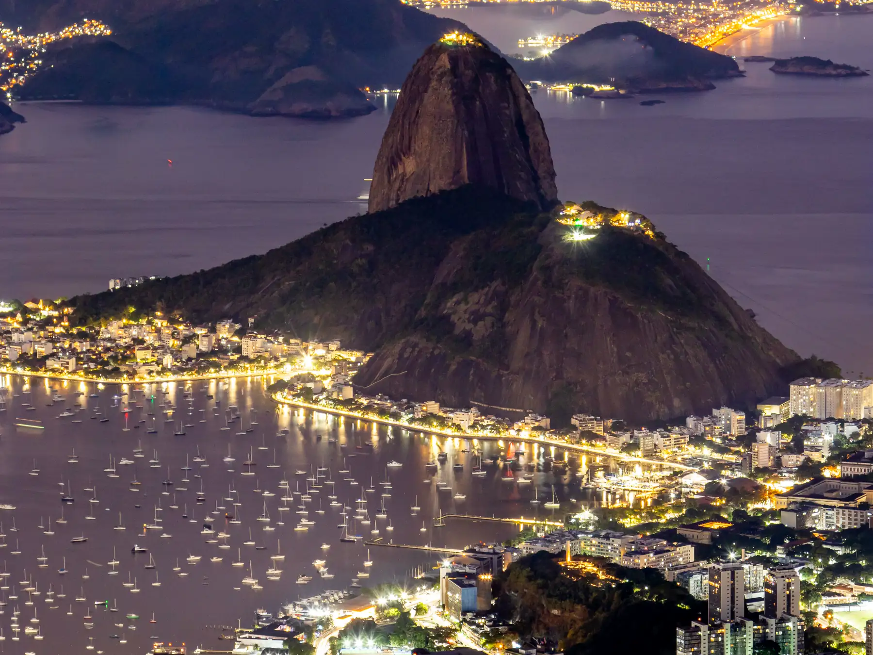 Sugarloaf Mountain rising above Guanabara Bay in Rio de Janeiro