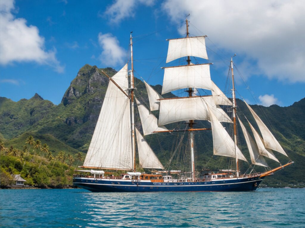 Traditional tall sailing cruise ship under full canvas near a tropical anchorage