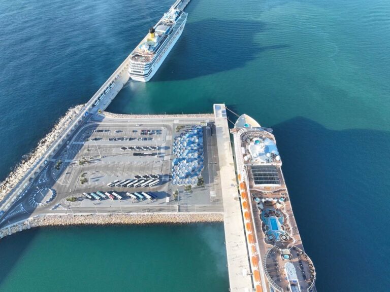 Aerial view of two cruise ships berthed at Tarragona's Moll de Balears terminal
